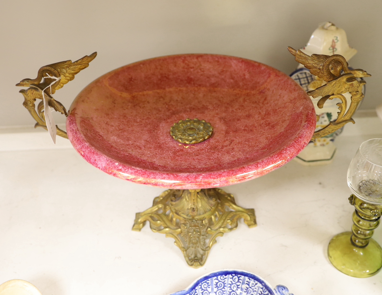 A French ruby lustre and ormolu mounted centrepiece, a green faceted glass bowl and cover, two Nymphenburg dishes, a pearlware dessert dish and other ceramics and glass